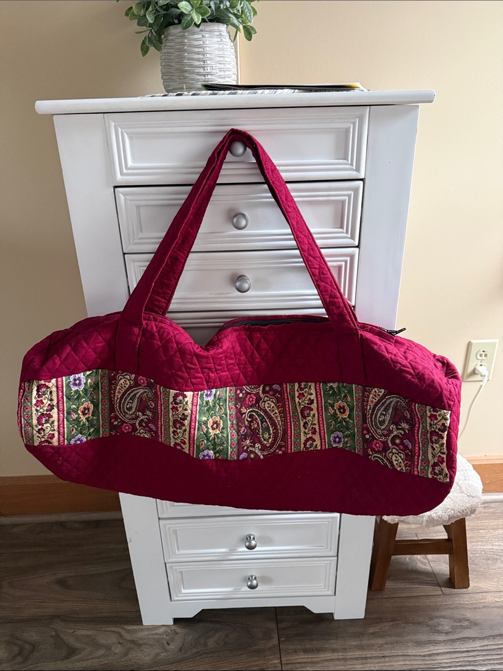 Vintage Quilted Burgundy Barrel Tote Bag with Matching Makeup Pouch